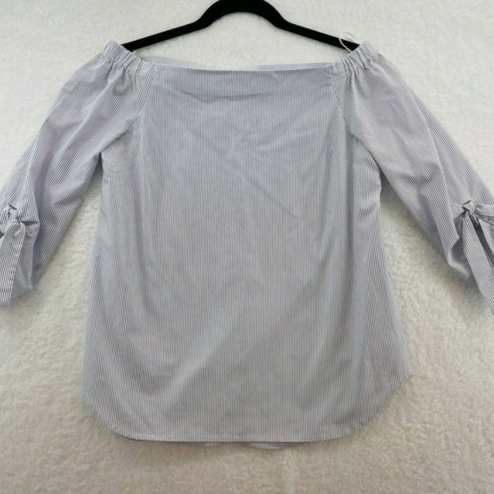 Babaton Womens XS Blue Malik Off The Shoulder top Striped Slit Tie Sleeve Aritza